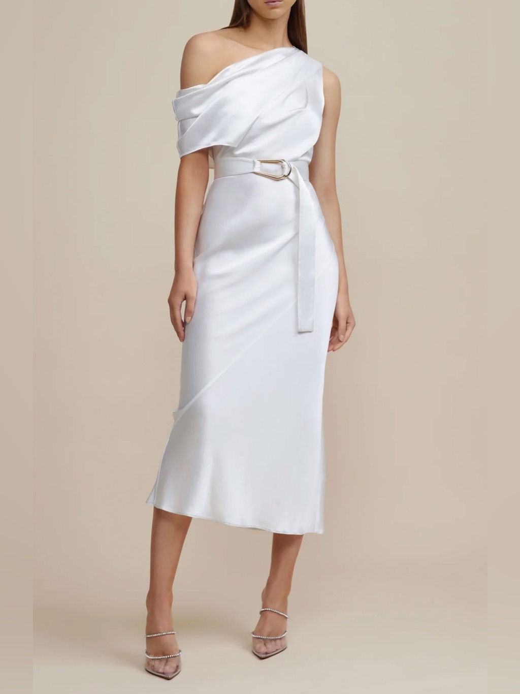 Acler Boise Satin Asymmetrical One Shoulder Midi Dress White Nwt